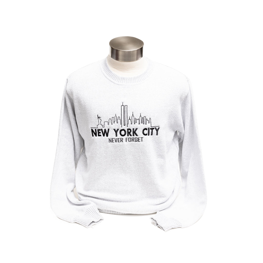 Light grey crewneck sweatshirt with 'NEW YORK CITY NEVER FORGET' embroidered on the front.