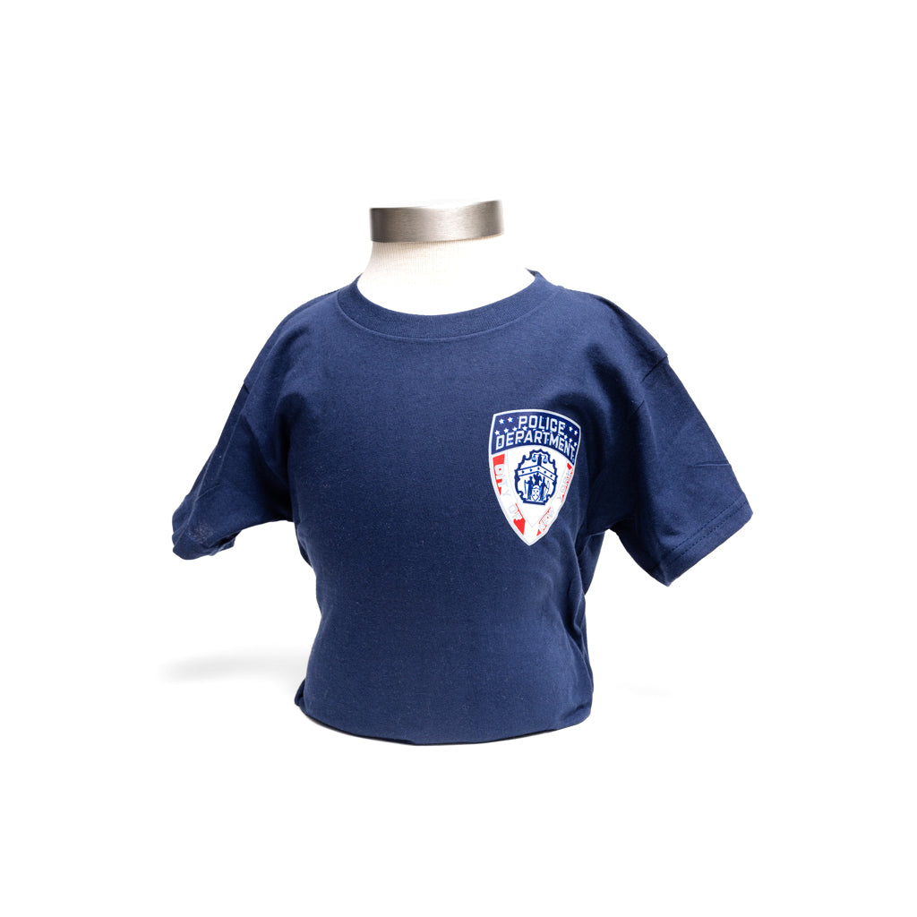 Navy youth t-shirt with red, white and blue NYPD logo.