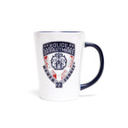 A white glossy mug with navy handle featuring the NYPD shield and the text 'NYPD 23 NEVER FORGET ' on it, with a graphical representation of police offer insignia and stars and stripes.