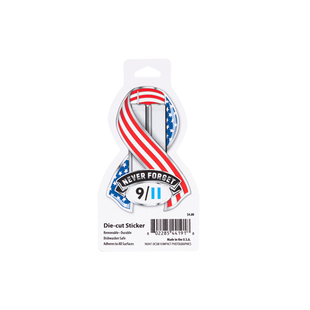 A die-cut ribbon sticker with a patriotic design featuring an American flag and the text 'Never Forget 9/11'.