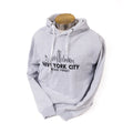 Light grey hooded sweatshirt with 'NEW YORK CITY' and 'NEVER FORGET' embroidered on the front