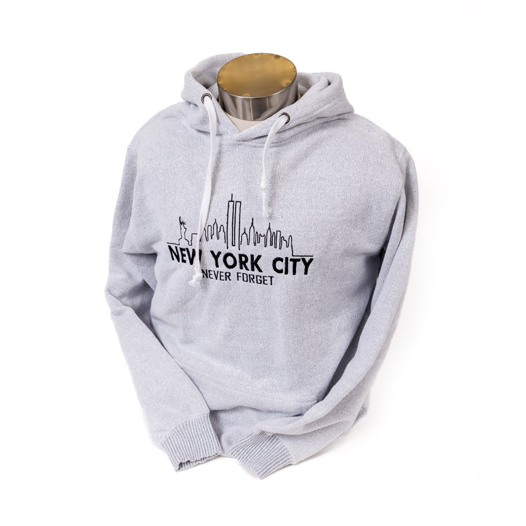 Light grey hooded sweatshirt with 'NEW YORK CITY' and 'NEVER FORGET' embroidered on the front