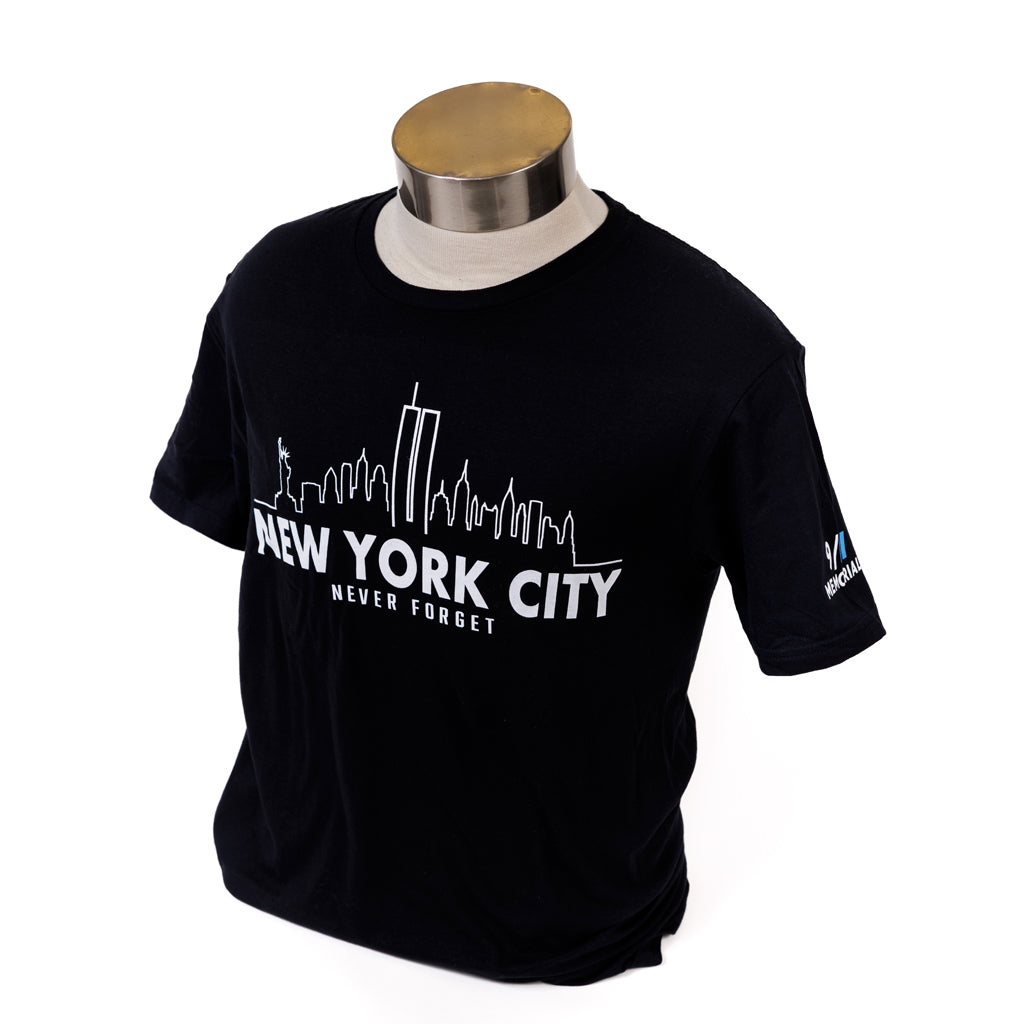 A black New York City skyline T-shirt displayed on a mannequin, featuring text 'NEW YORK CITY' and 'NEVER FORGET' on the front.