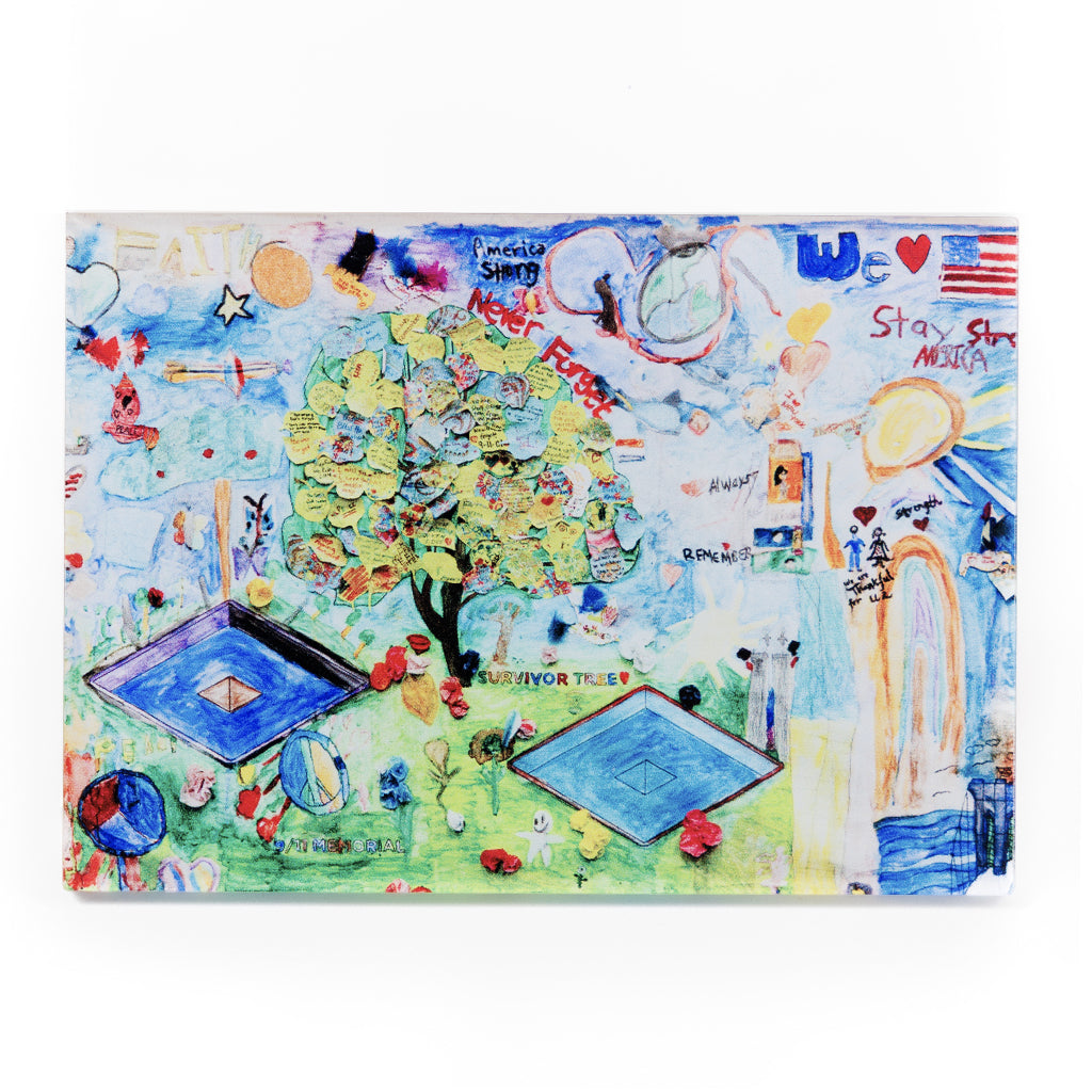 Colorful artwork with various elements including a tree, the memorial pools and abstract designs on a white background.
