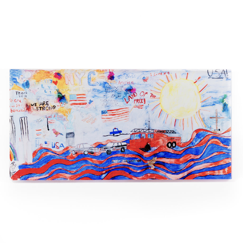 Colorful artwork with a fire engine, sun, and text on a white background