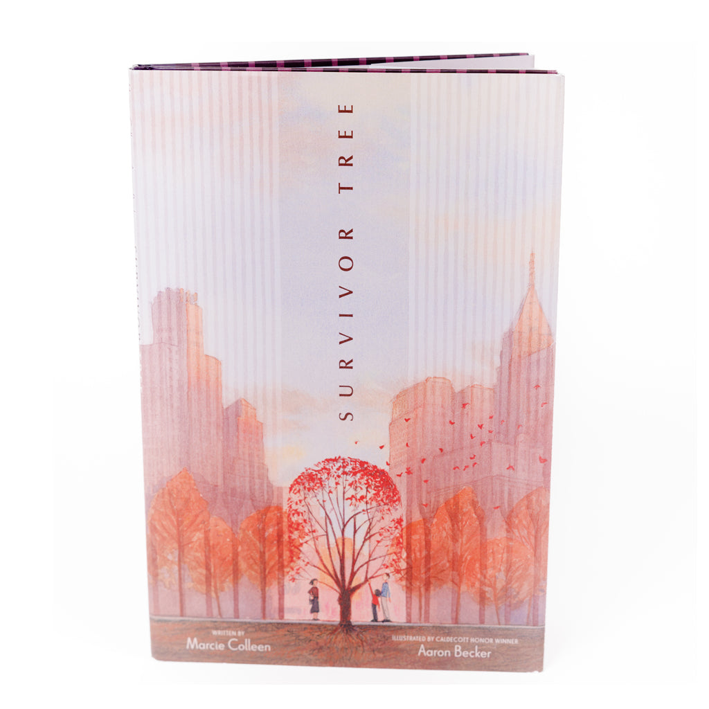 Cover of the book 'Survivor Tree' featuring an illustration of a tree with a cityscape in the background, predominantly in shades of orange and red.