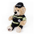 Plush teddy bear wearing a fire department uniform and cap on a white background