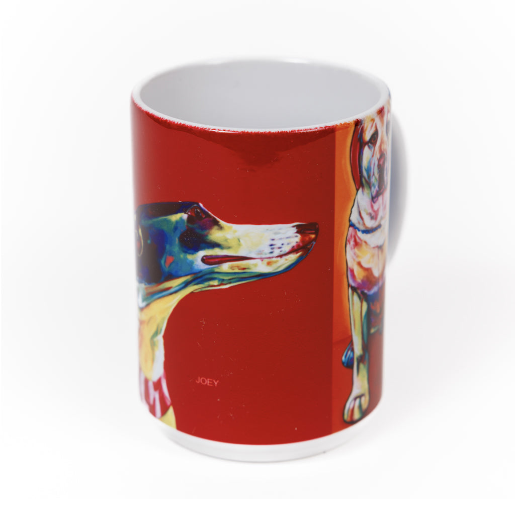 Mug with colorful dog painting on a red and blue background