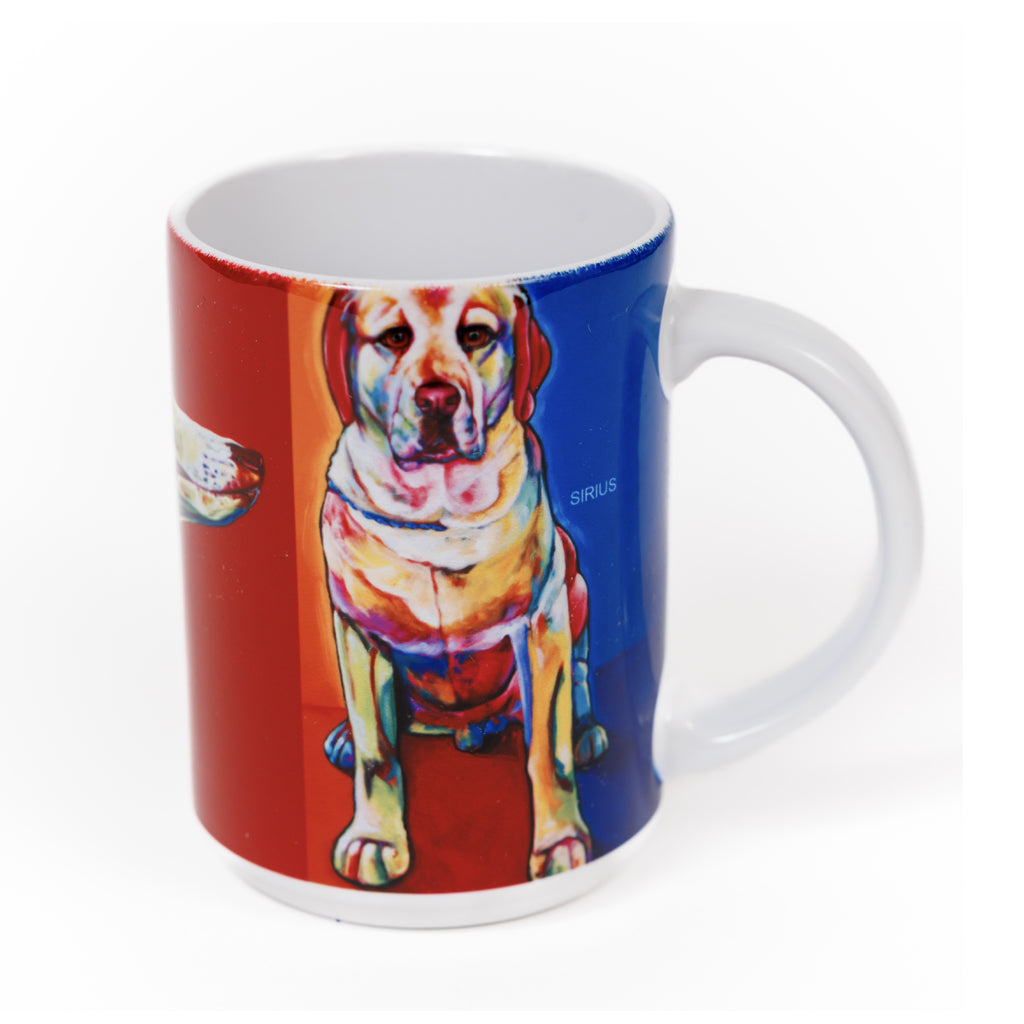 Mug with colorful dog painting on a red and blue background