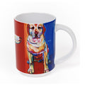 Mug with colorful dog painting on a red and blue background