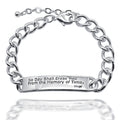 Silver chain bracelet with engraved message saying 'No Day Shall Erase You From the Memory of Time' Virgil on a white background