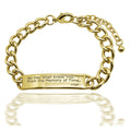Gold chain bracelet with engraved message saying 'No Day Shall Erase You From the Memory of Time' Virgil on a white background