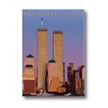 Magnet of the World Trade Center with Twin Towers against a purple sky.