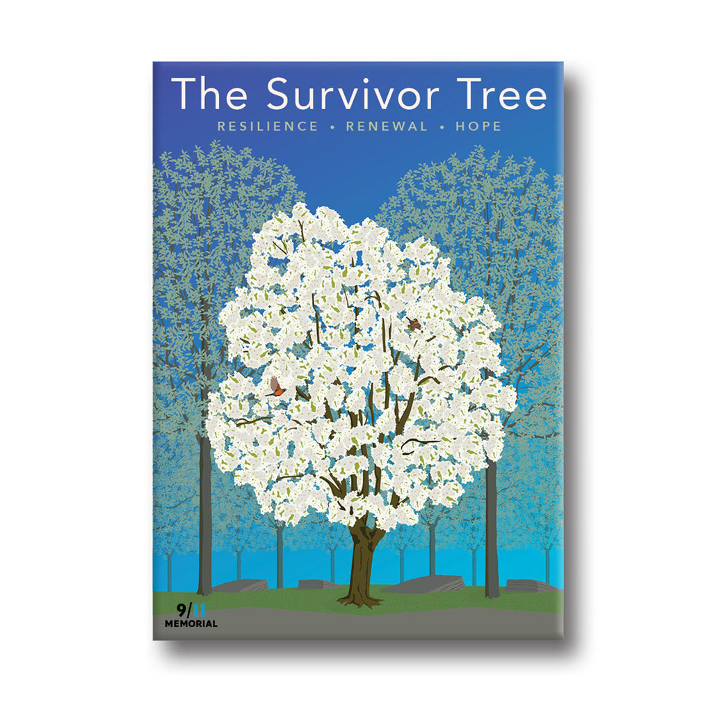 Magnet of 'The Survivor Tree' with a white tree and blue sky.