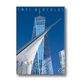 Magnet of One World Trade Center and the Oculus against a blue sky.