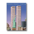 Illustration of the World Trade Center with the Statue of Liberty in the foreground on a white background.