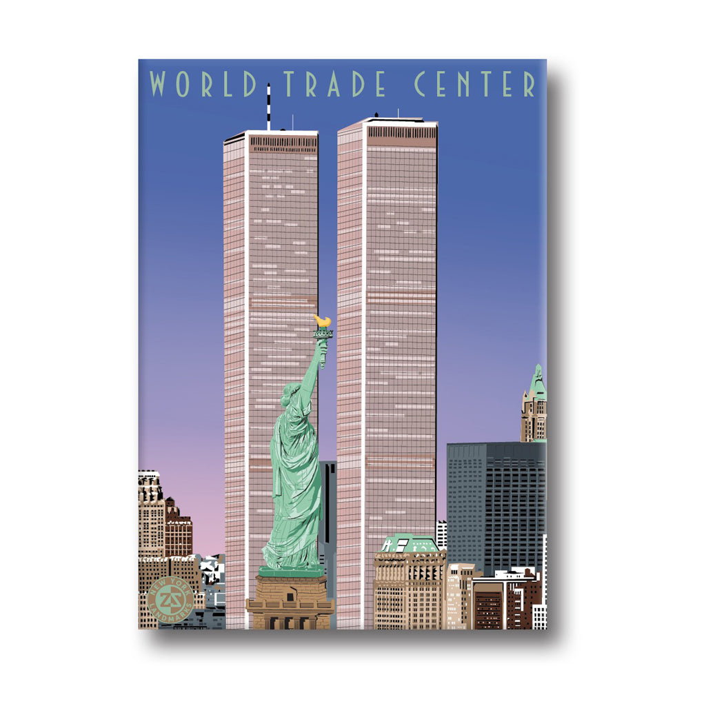Illustration of the World Trade Center with the Statue of Liberty in the foreground on a white background.