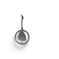 A silver metal keepsake featuring a tree silhouette inside a circular frame with the words RESILIENCE • RENEWAL • Hope engraved along the bottom edge, hanging from a dark green cord on a white background.
