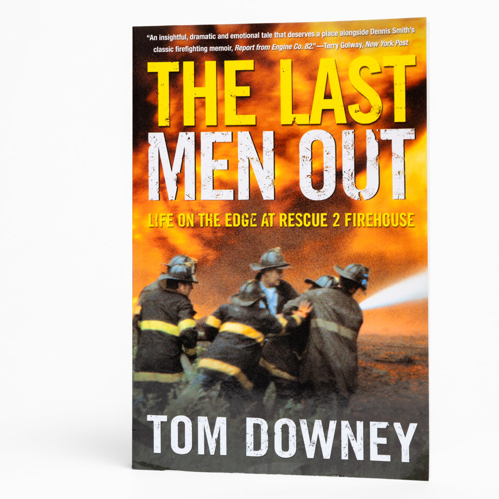 The cover of the book 'The Last Men Out' featuring firefighters at a fire scene with a yellow and black design.