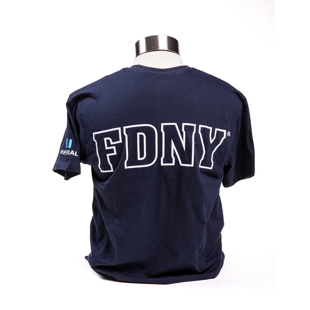 Navy T-shirt with FDNY logo in block letters, displayed on a mannequin.