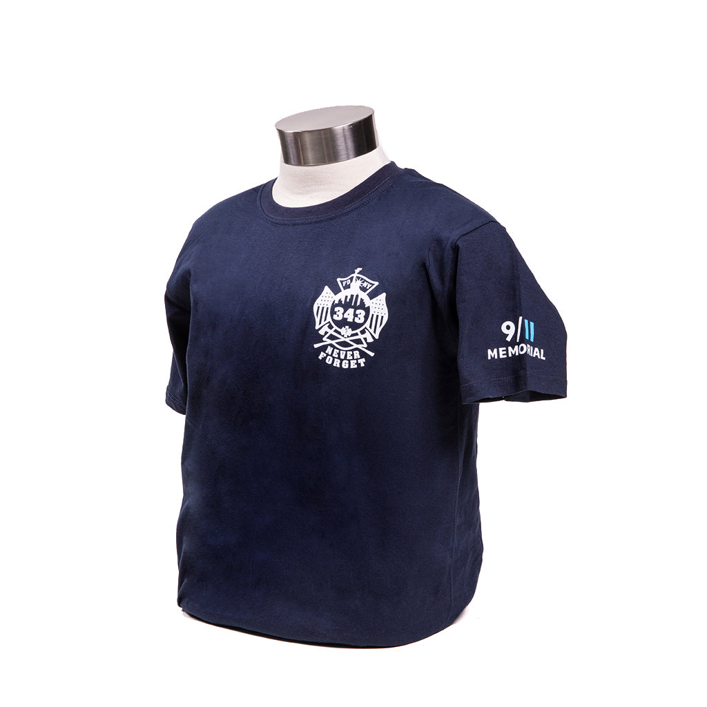 Navy T-shirt with FDNY logo and 9/11 Memorial text on the sleeve displayed on a mannequin.