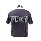 A charcoal grey FDNY Shield T-shirt on a mannequin. The back of t-shirt says FDNY in block letters.