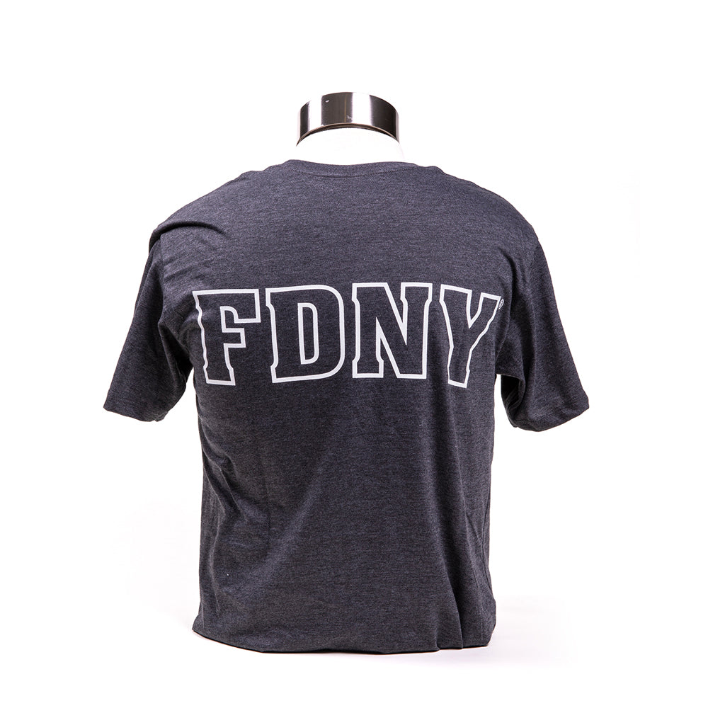 A charcoal grey FDNY Shield T-shirt on a mannequin. The back of t-shirt says FDNY in block letters.