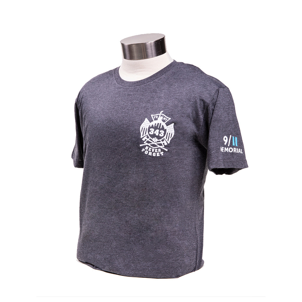 A charcoal grey FDNY Shield T-shirt on a mannequin. The t-shirt features a graphic of the FDNY shield logo on the front 9/11 Memorial logo on the sleeve.