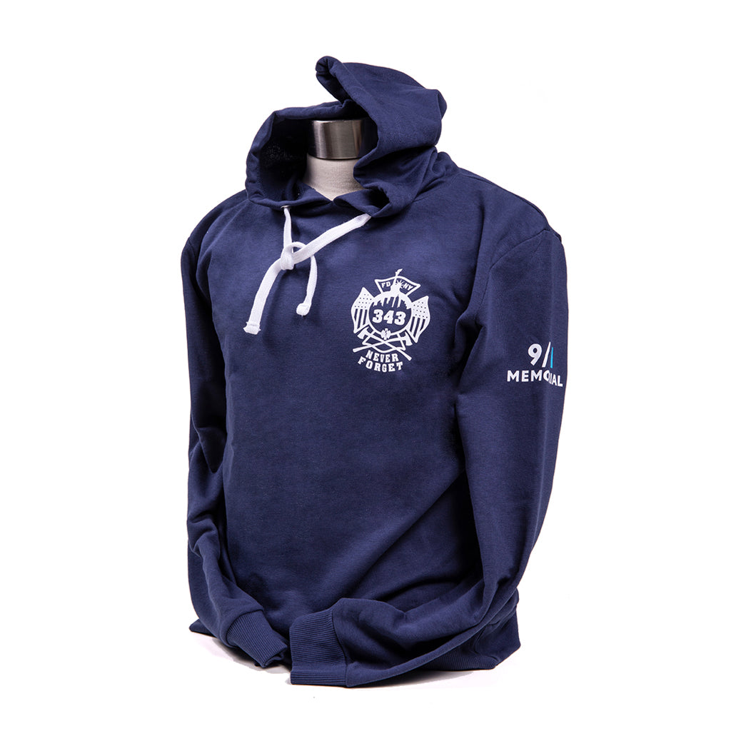 Navy blue hooded sweatshirt with white drawstrings, featuring the FDNY logo on the front and the 9/11 Memorial logo on the sleeve.