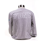 Grey crewneck sweatshirt with FDNY in block letters on the back.