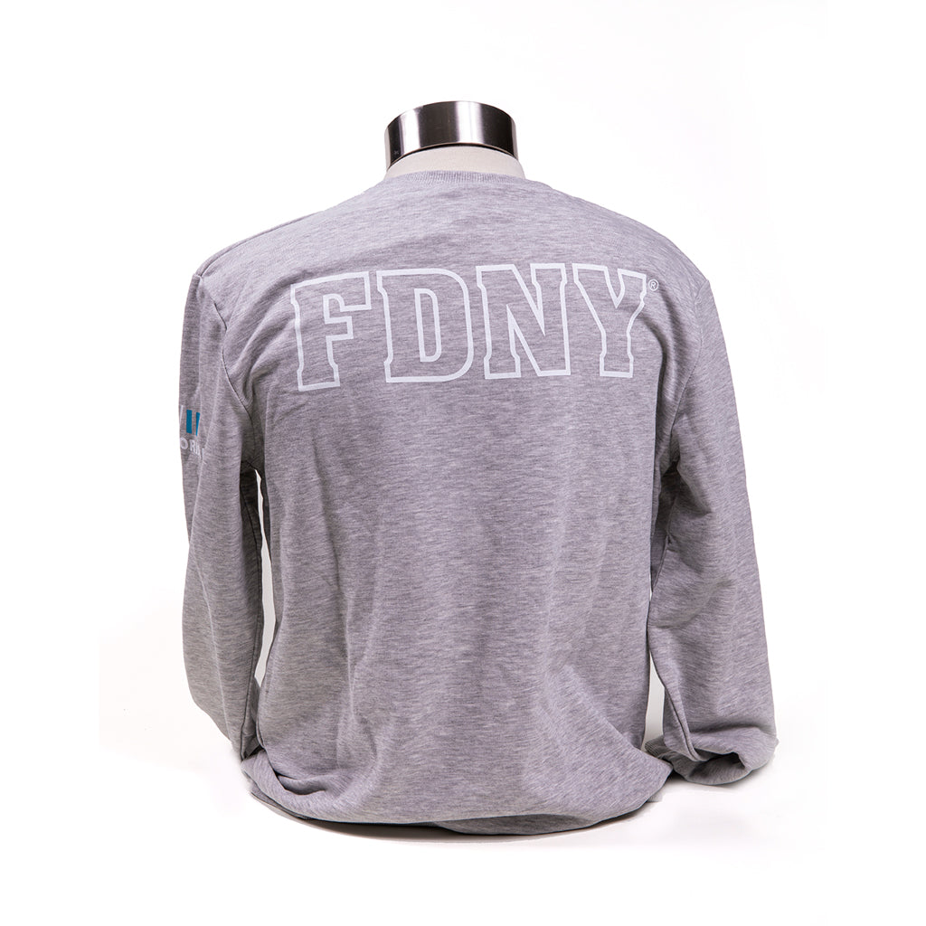 Grey crewneck sweatshirt with FDNY in block letters on the back.