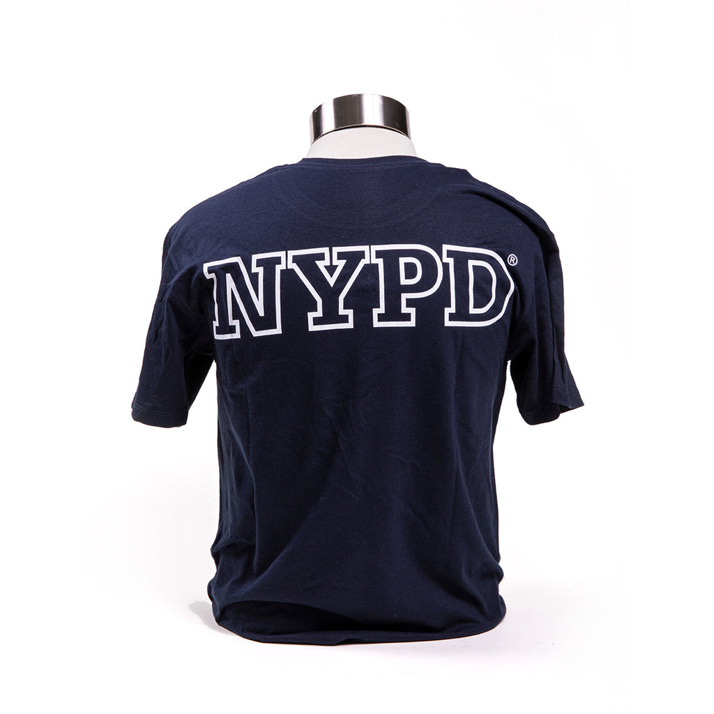 NYPD Shield T-Shirt in navy color displayed on a mannequin, featuring the NYPD logo in block letters on the back.