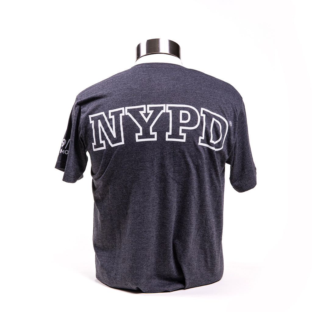 A charcoal grey T-shirt displayed on a mannequin, featuring the NYPD logo in block letters on the back.