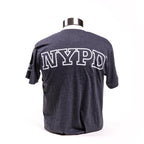 A charcoal grey T-shirt displayed on a mannequin, featuring the NYPD logo in block letters on the back.