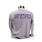 A grey NYPD crewneck sweatshirt displayed on a mannequin. Displayed on the back is NYPD in block letters.