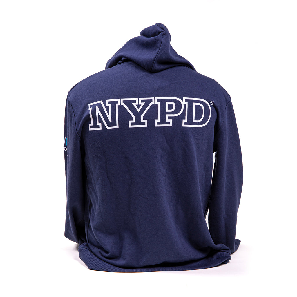 NYPD shield sweatshirt with NYPD in block letters on the back.