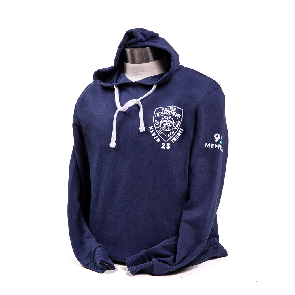 NYPD shield hooded sweatshirt in navy with white drawstrings and logo on the front and the 9/11 Memorial on the sleeve.