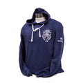 NYPD shield hooded sweatshirt in navy with white drawstrings and logo on the front and the 9/11 Memorial on the sleeve.