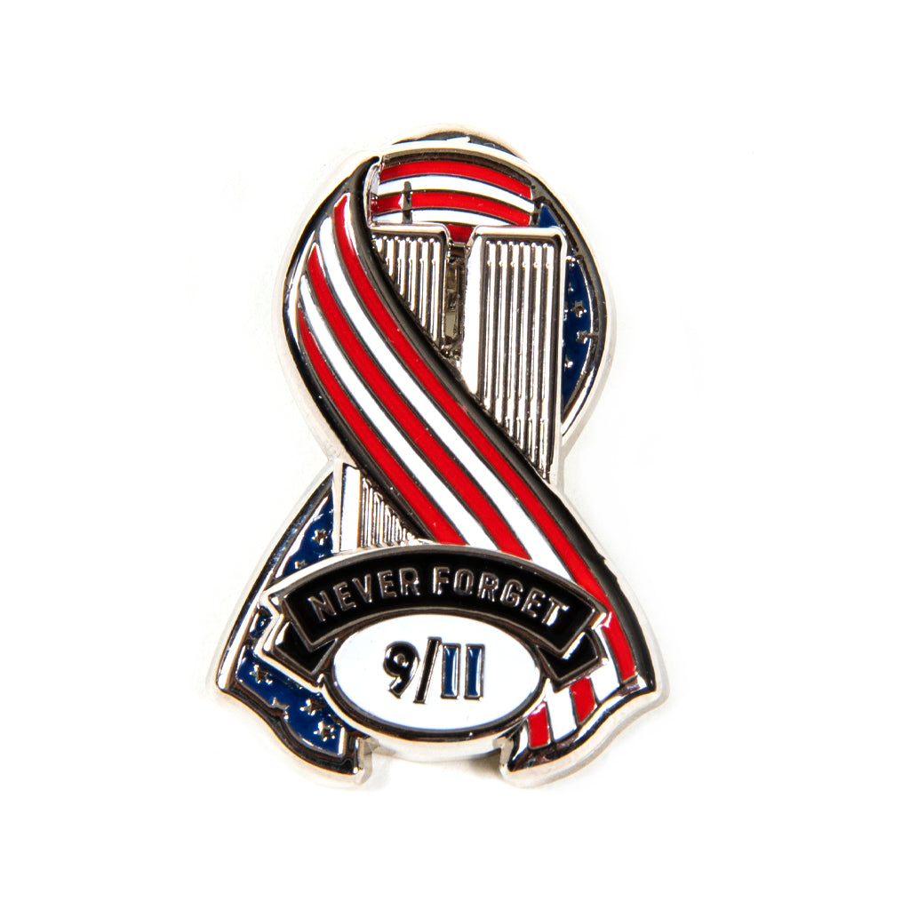 A metal die-cut ribbon magnet with a patriotic design featuring an American flag and the text 'Never Forget 9/11'.