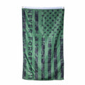 A green flag with black stars and stripes that make up the American flag along with the words 'NEVER FORGET 9/11".