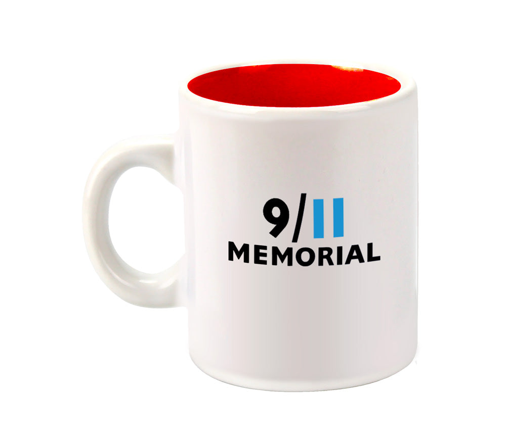 A white glossy mini mug with red interior featuring the 9/11 Memorial logo.