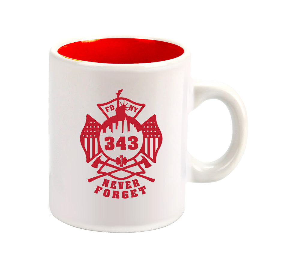 A white glossy mini mug with red interior, featuring the FDNY logo, a shield, and the text 'FDNY 343' and 'NEVER FORGET'.