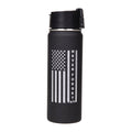 A black 20 ounce water bottle with a flip-top lid, featuring a grey printed American flag and the text 'NEVER FORGET 9/11'.