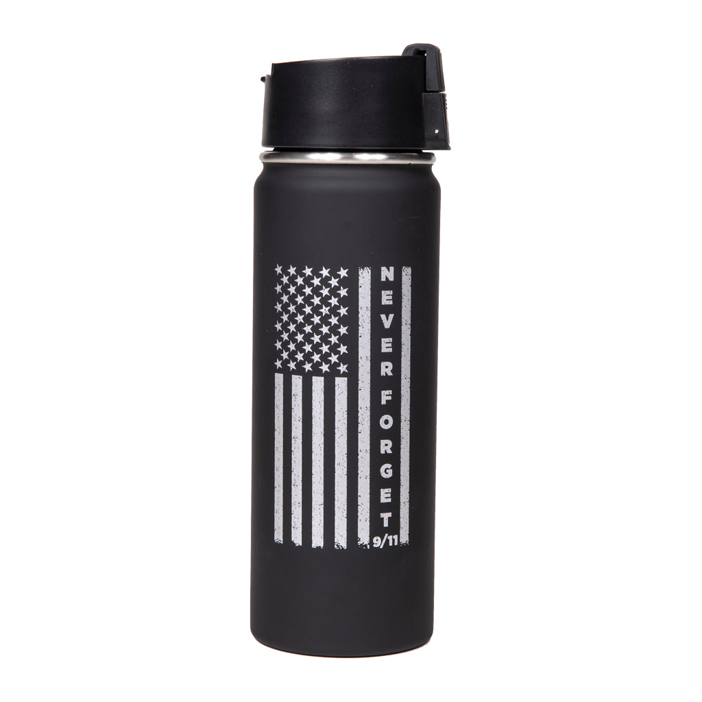 A black 20 ounce water bottle with a flip-top lid, featuring a grey printed American flag and the text 'NEVER FORGET 9/11'.