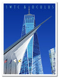 A print of One World Trade and Oculus building with a clear blue sky in the background. 