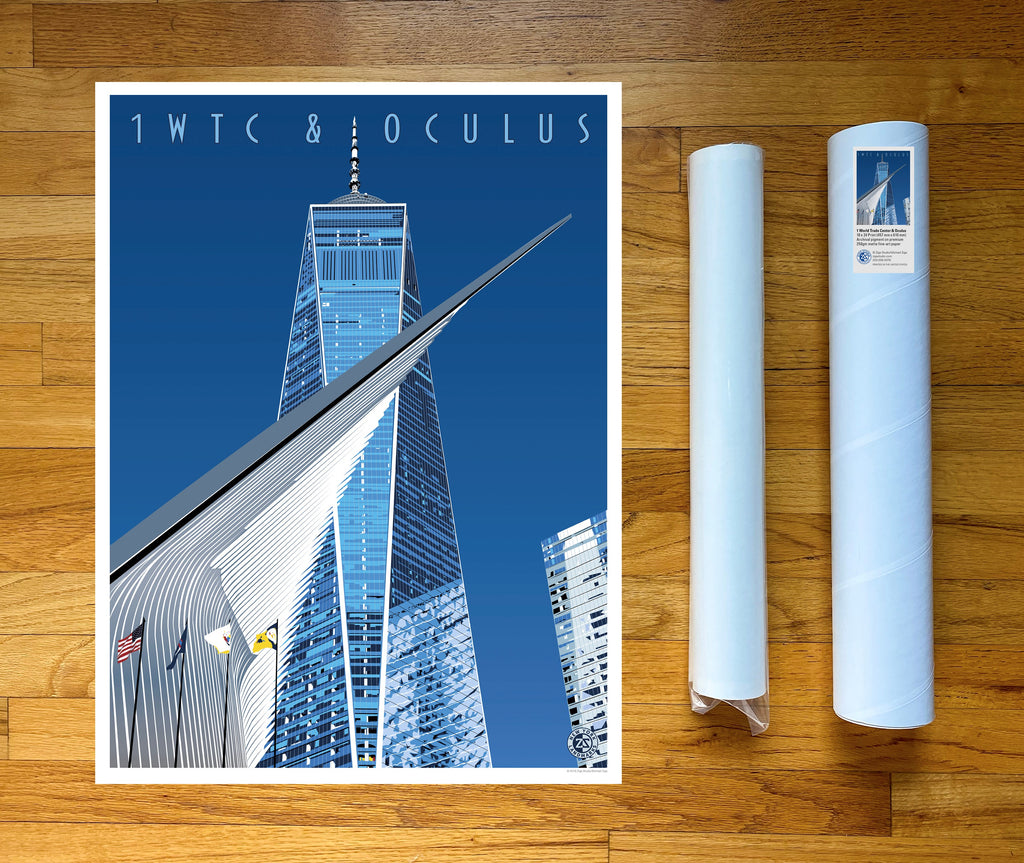 A print of One World Trade and Oculus building with a clear blue sky in the background. 