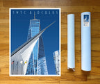 A print of One World Trade and Oculus building with a clear blue sky in the background. 