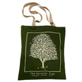 A green tote bag featuring a graphic print of the Survivor Tree and the text 'The Survivor Tree' and 'Resilience Renewal Hope".