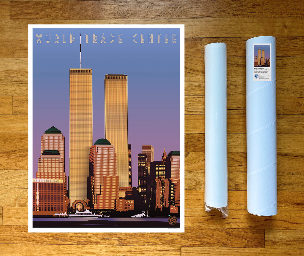 A print of the World Trade Center skyline featuring the Twin Towers, surrounded by other buildings, with a body of water and boats in the foreground.