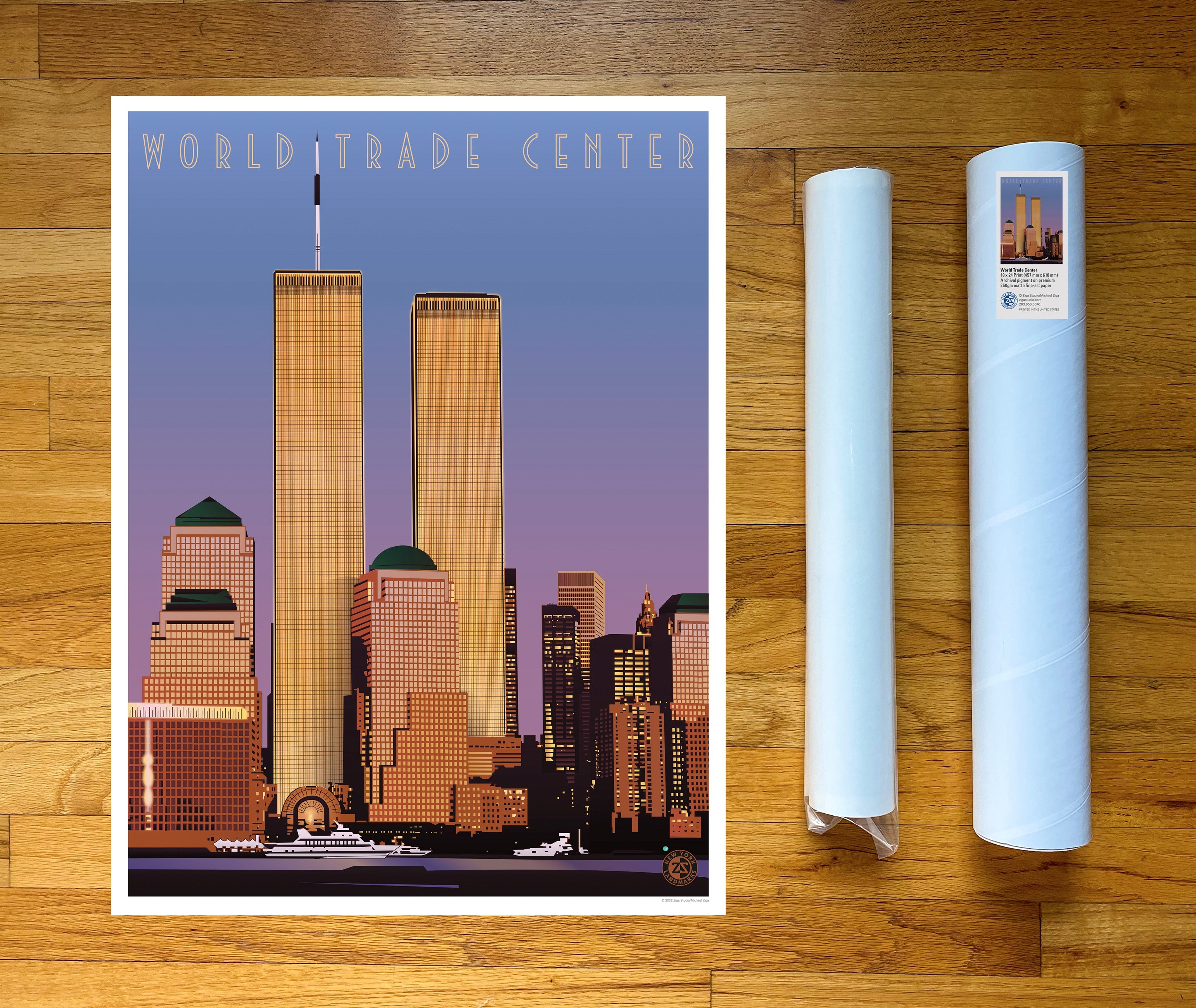 A print of the World Trade Center skyline featuring the Twin Towers, surrounded by other buildings, with a body of water and boats in the foreground.